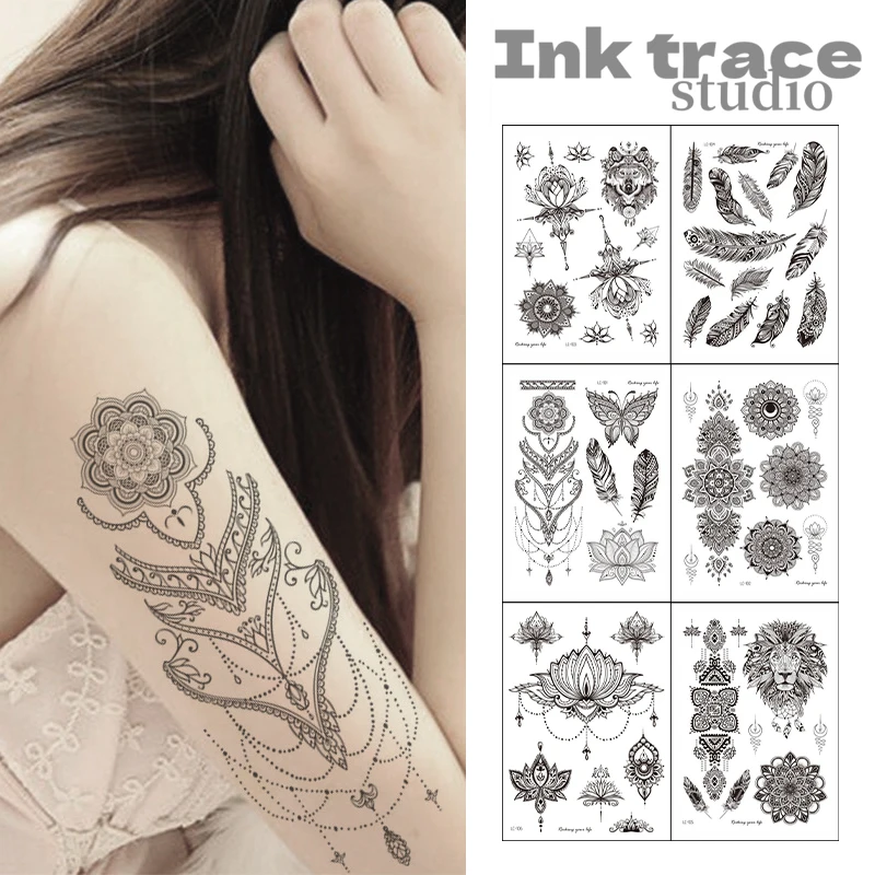6PCS Black Vintage Tattoo Sticker Hand Back Pattern Mandala Flower Clavicle Temporary Tattoo Decal
