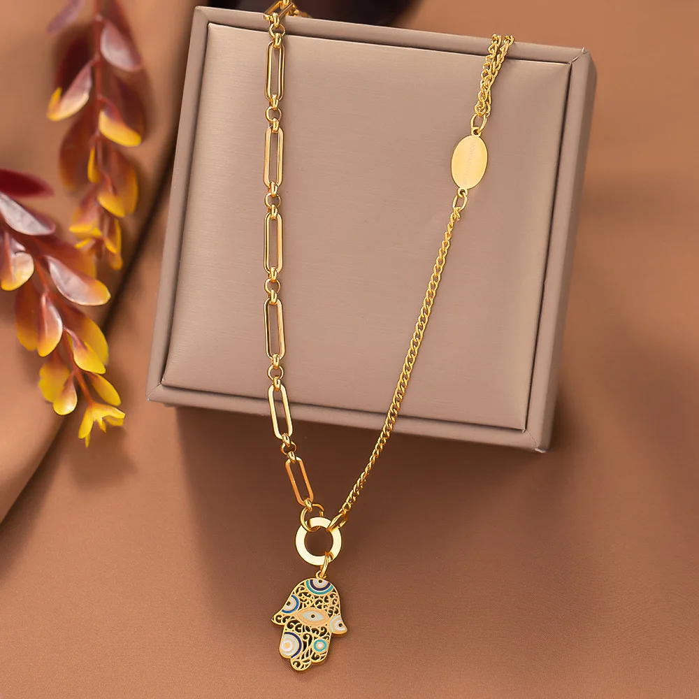 CSJA Luxury Stainless Steel Chain Necklace Gold Color Turkish Hamsa Fatima Hand Evil Eye Pendant Necklaces for Women Man H209