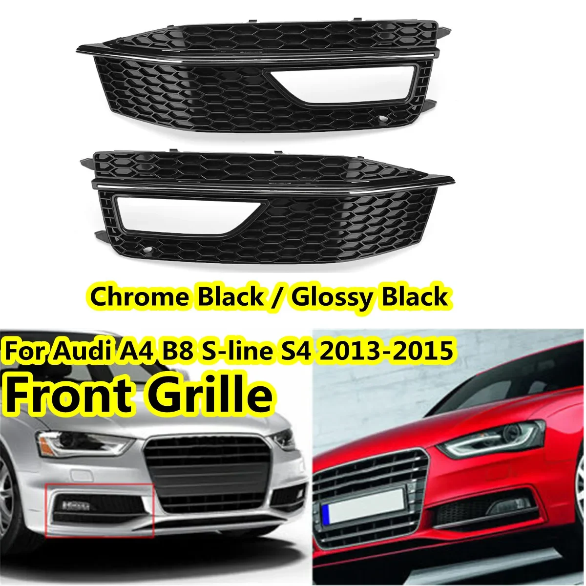 Pair Gloss Black Front Bumper Lower Fog Light Grill Grille For Audi A4 B8 S-Line S4 2012 2013 2014 2015 8K0807681P 8K0807682P