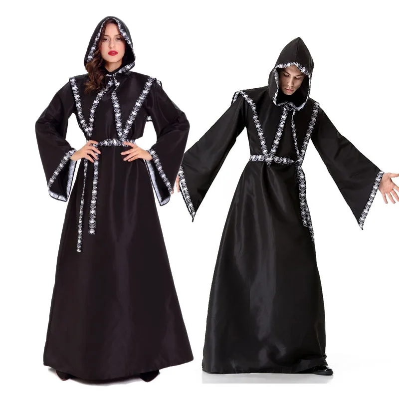 大人用ハロウィン司祭中世コスプレロープコスチュームカップル死の役割プレイスカルプリントフード付きマントセットパーティーカーニバル用