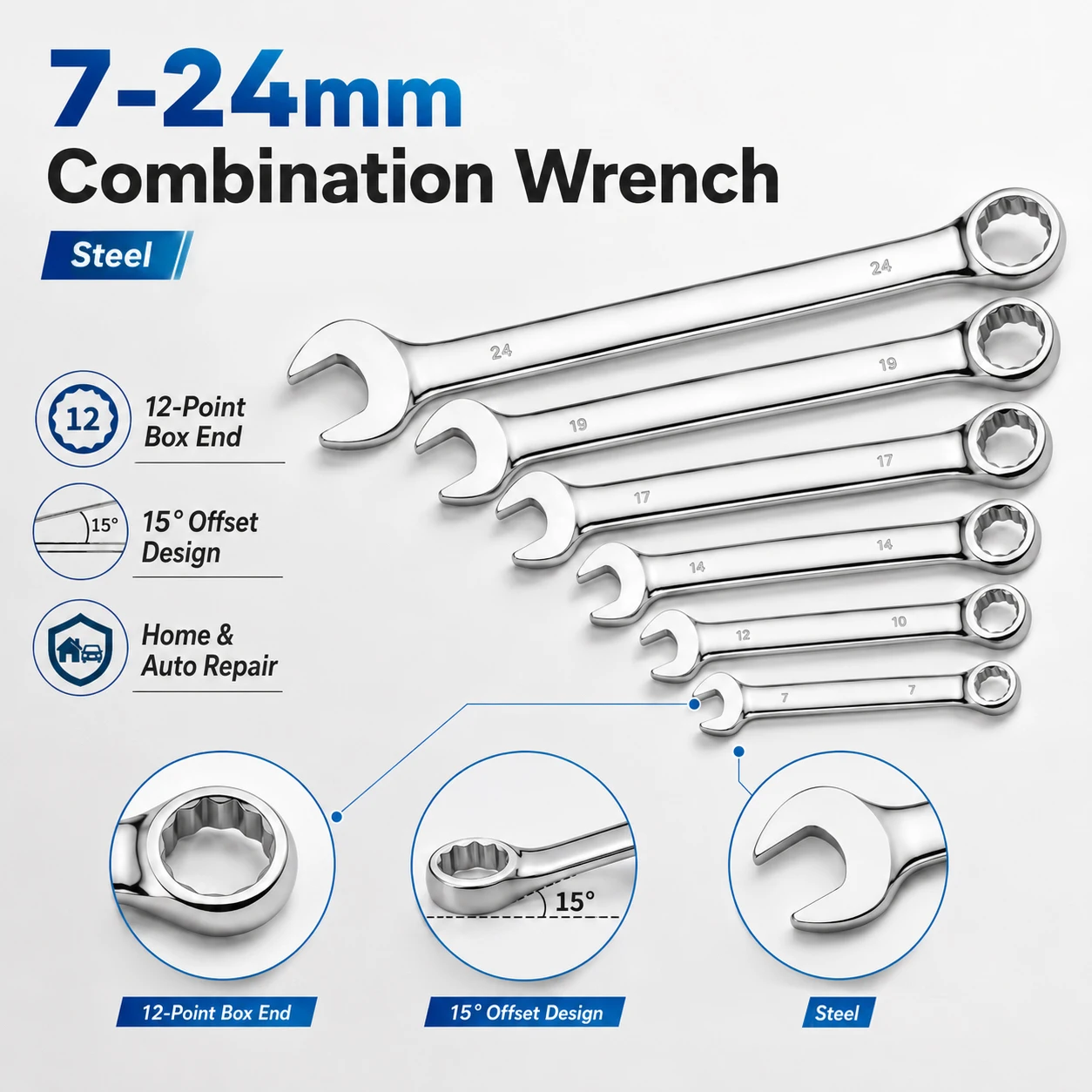 1-3 Stück 7-24mm offener und geschlossener Kombinationsschlüssel, Chrom-Vanadium-Stahl Doppelkopf-Schraubenschlüssel-Set Handwerkzeug-Kit