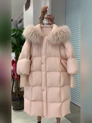 Pink Goose Down Jacket for Women 2023 Autumn Winter New Real Fur Collar Loose Hooded Coats Thicked Warm Mid-length Outerwear