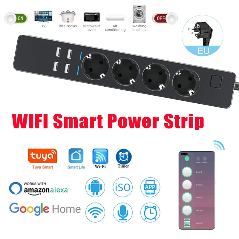 Smart Power Strip with 4 EU Outlets Plug 4 USB Charging Timer Port Switch Socket App Voice Control Multi-functional Socket