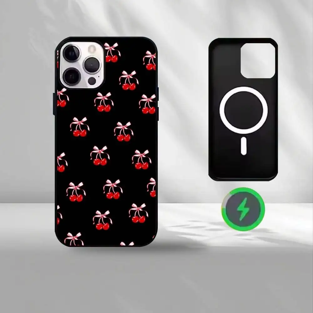 Schwarz-rosa Kirsch-Handyhülle für iPhone 17, 16, 15, 14, 13, 12, kabellose Lade-Schutzhülle, weiche Abdeckung