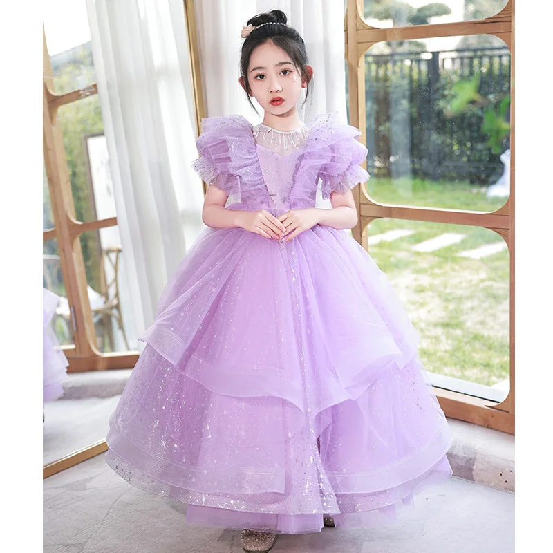 Gorgeous Children's Dresse kids pearl Beaded Sequin Long wedding Ball Birthday party ball gown Bridesmaids Dress robe