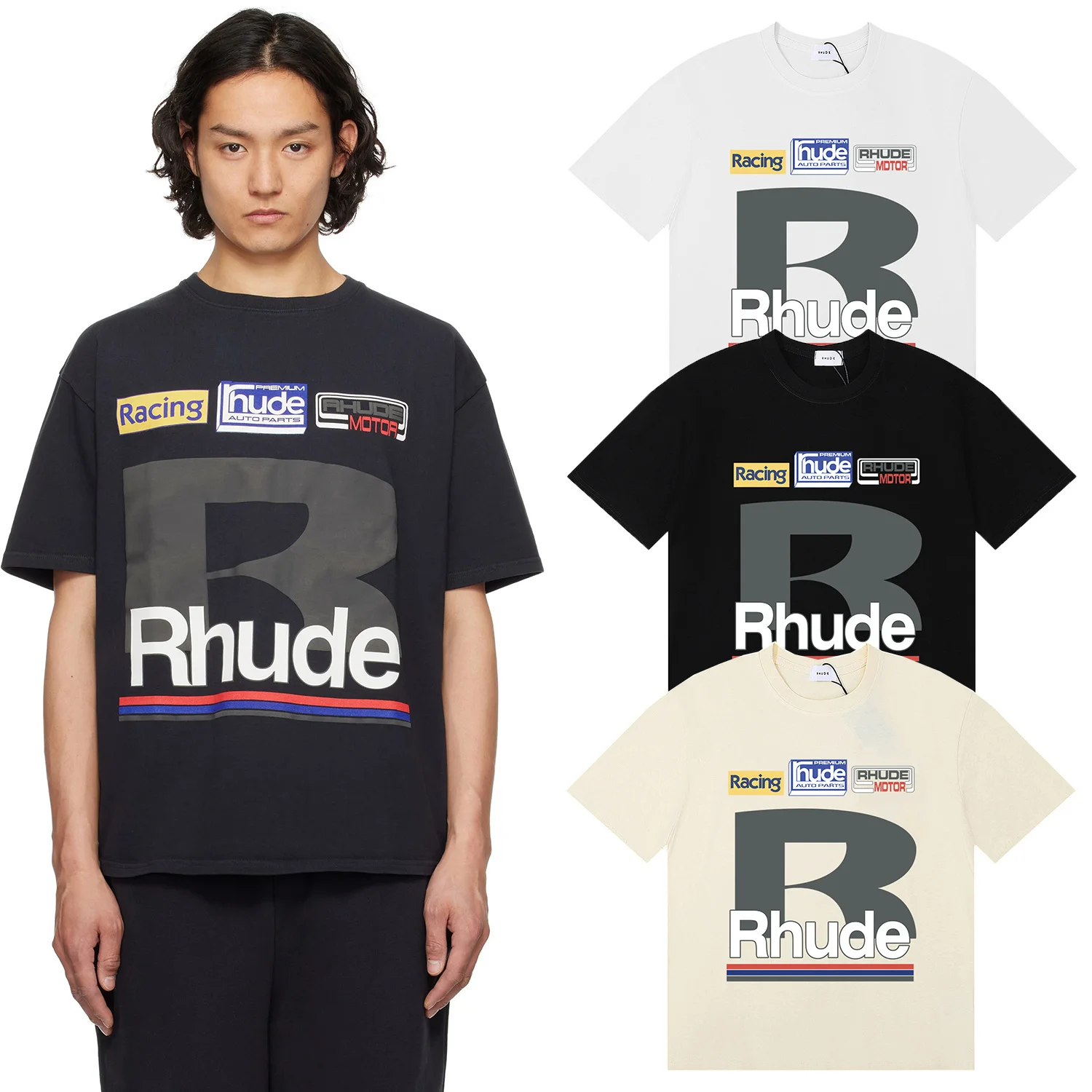 American Style Large R Letter Print Loose Fit Cotton round Neck Short Sleeve T-Shirt Streetwear Casual Unisex Summer Top