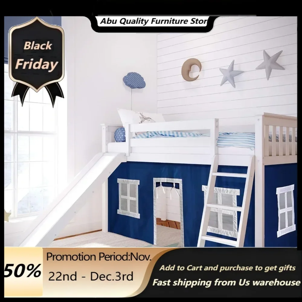 Loft Bed, Twin Bed Frame For Kids With Slide and Curtains For Bottom, White/Blue bedroom set  bedroom furniture  bunk bed