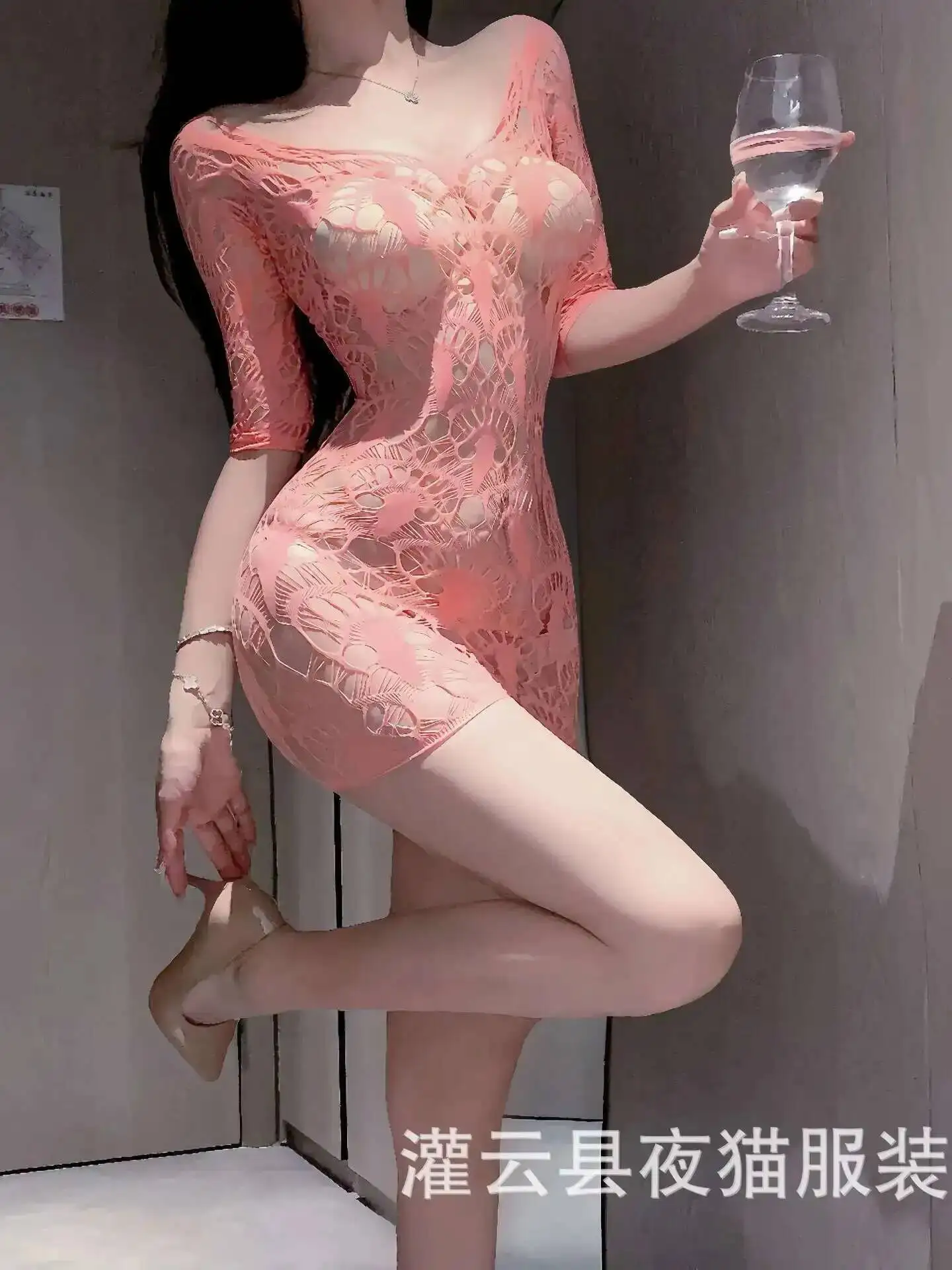 Sexy Roze Mid-Mouw Holle Sexy Open Kruis Jacquard Pure Desire Nachtkleding Visnet Jurk Elegante Mesh Kant Sheer zoete 5QYH