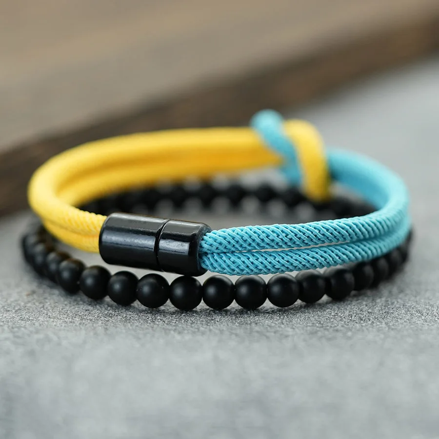 2Pcs Classic Contrasting Color Bracelet Set For Men Grade A 4mm Cord Chain Braslet Ukrainian Flag Element Wrap Braclet Pulseria view 5