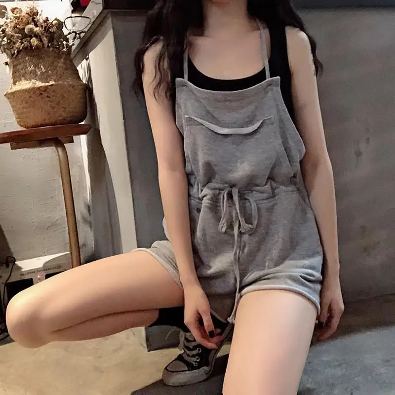 Summer  Korean Sle High Waist Slimming Strap Onesie orts Women's Loose Faionable Casual Pants Tee-Quarter Length