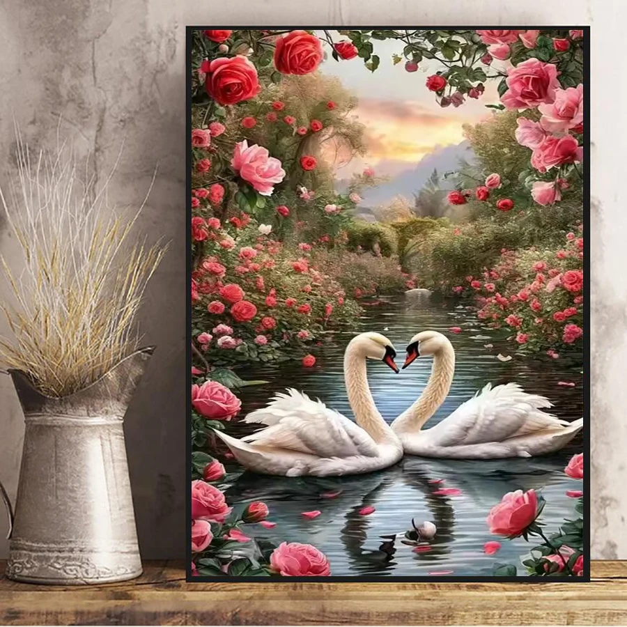 

Pink rose 5D Diy Diamond Painting Swan Animal Full Diamond Embroidery Romantic scenery Diamond Mosaic Rose Flower home decor art