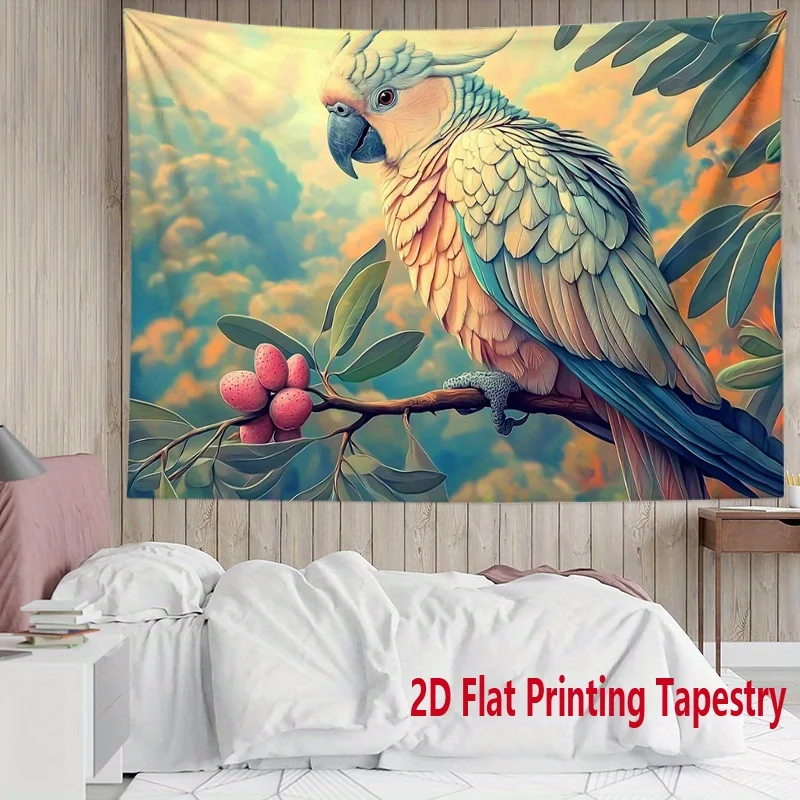 Vibrant Cockatoo Parrot Tapestry, Tropical Bird on Branch Wall Hanging, Aesthetic Nature Room Decor suitable for use bars party