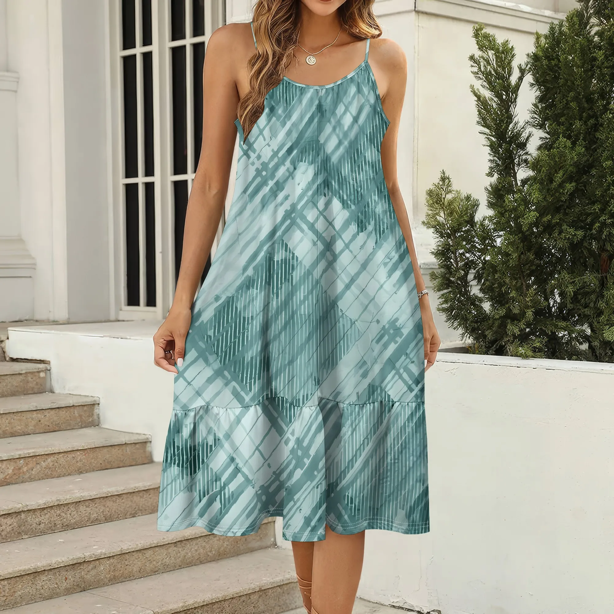 Nupusa-Kleid mit gestreiftem Aufdruck für Damen, Standardgröße, Sommer, lässiges Midikleid mit Spaghettiträgern