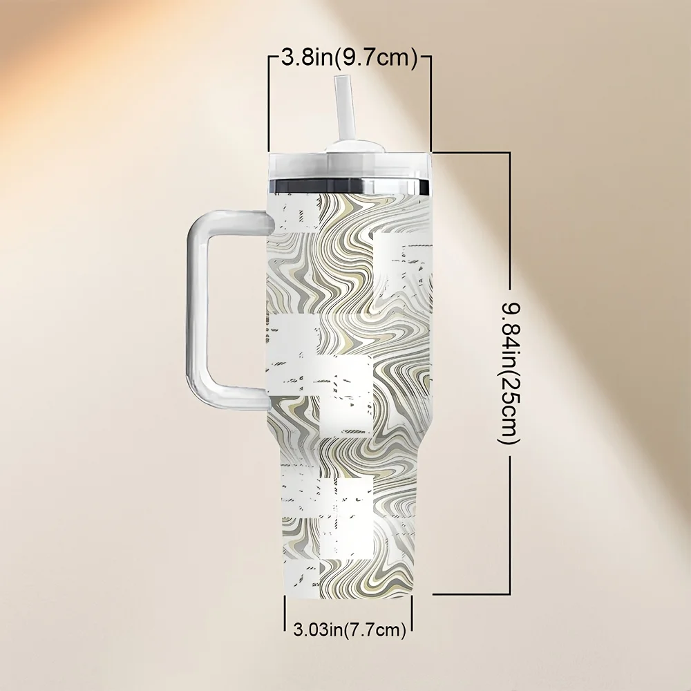 Modern Abstract Distressed Block Wavy Pattern Printed Insulated Travel Tumbler with Convenient Handle And Reusable Drinking Straw