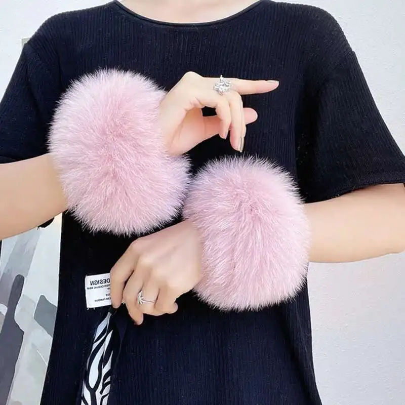 Real Fox Fur Cuffs For Women Coat Wrist Sleeve Fur Bracelet Oversleeve Natural Fox Fur Sleeves Fluffy Fur Cuff Thick Arm Warmer - view 4