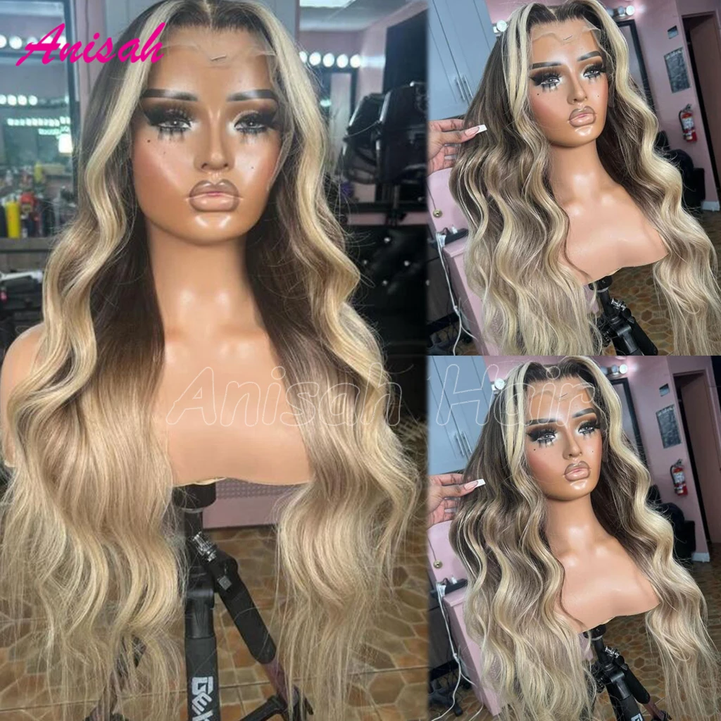 

Ash Blonde Human Hair Wigs Colored Lace Closure Wig For Women Human Hair Body Wave Ombre Highlight 13X4 HD Lace Frontal Wig