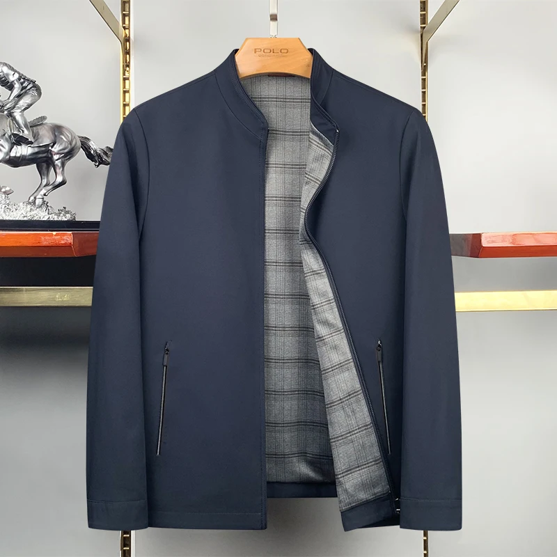 

Faionable Pure Color Stand Collar Men's Jaet Casual Busin Sle Autumn New Arrival Dad Clothes Stand Fit Polyester