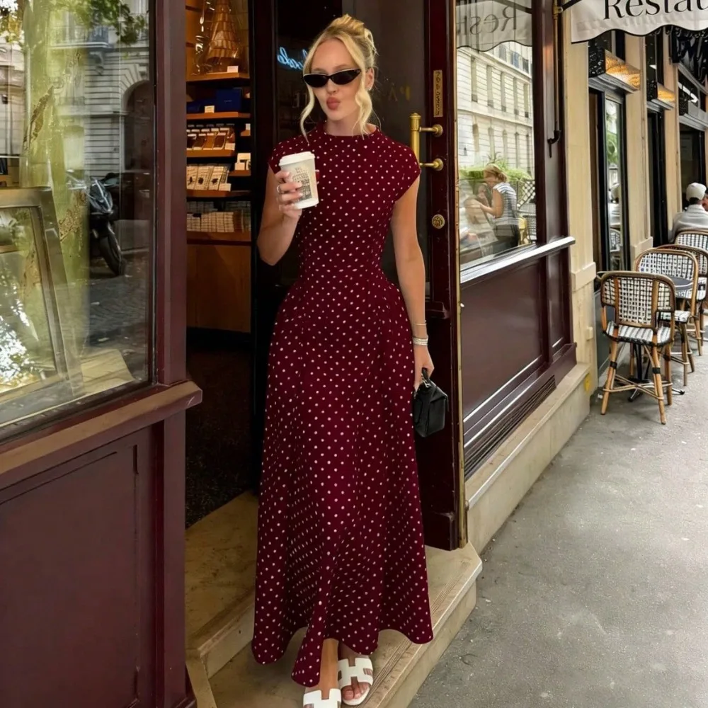 Robe à pois col rond, taille haute, jupe évasée, sans manches, longueur midi, coupe cintrée, idéale pour les vacances