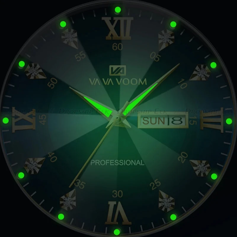 Мужские часы с бриллиантами, кварцевые часы, роскошные ночные светящиеся часы с двойным календарем, кварцевые часы из нержавеющей стали, деловые водонепроницаемые часы с календарем и датой