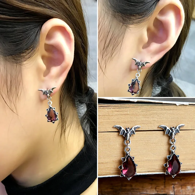 MKENDN Gothic 100% 925 Sterling Silver Bat Crystal Drop Earring Hypoallergenic Simple Women Personalized Punk Street Ear Jewelry
