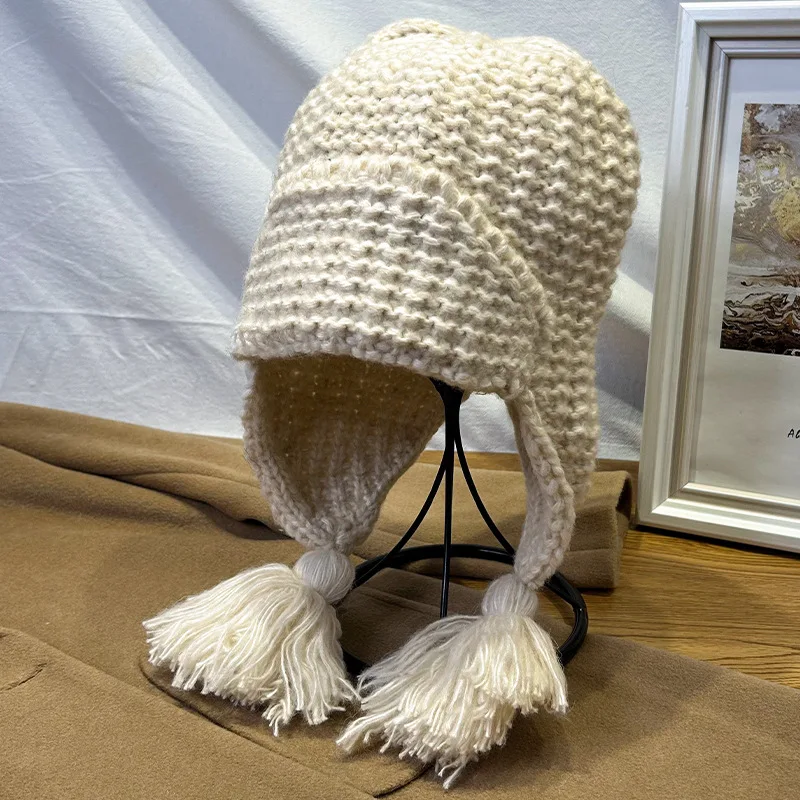 Autumn/Winter Fashion Fringe-Trimmed Cosy Knitted Beanie Solid-Colour Minimalist Earflap Hat