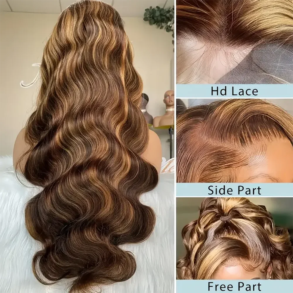36inch 13x6 Lace Front Wig Human Hair P4/27 Body Wave Highlight HD Lace Frontal Wigs Human Hair 180 Density Human Hair Wigs