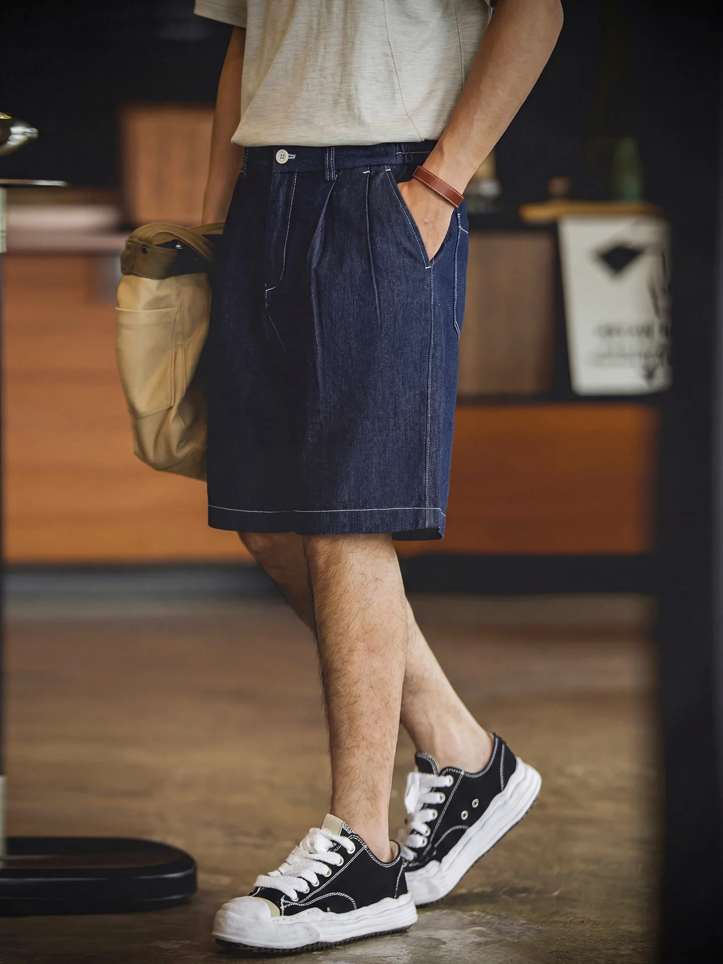 

American Retro Men's Denim Shorts Summer Anti-Wrinkle Breathable Straight Leg Workwear Five-Quarter Length Loose Fit Casual