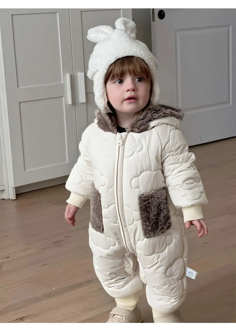 Baby Winter Snowsuit Bear Ears Hooded Infant Romper Thick Warm Fleece Pockets Padded Newborn One Piece Jumpsuit Toddler Outerwea
