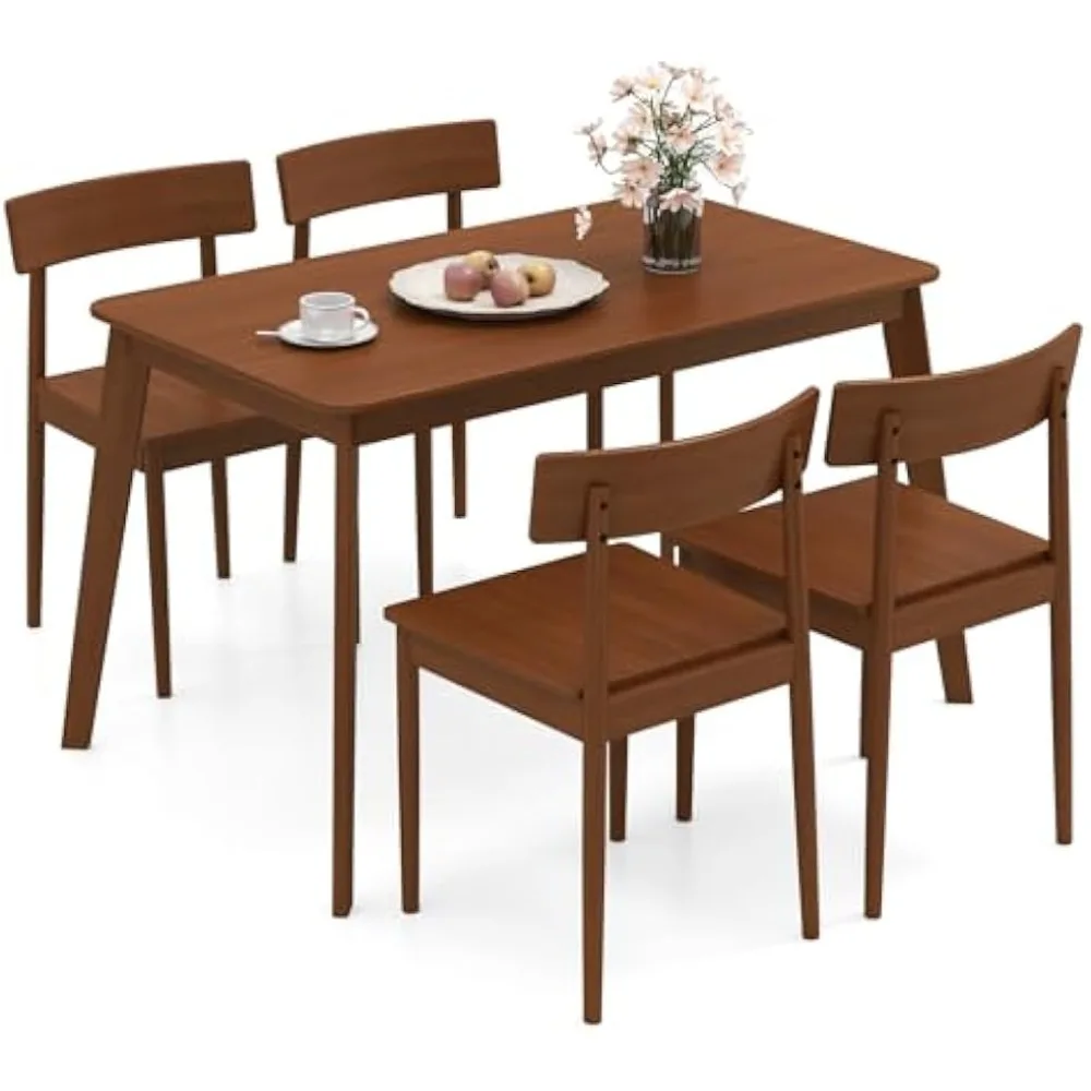 

5-piece Wooden 4-seater Dining Table Set, Rectangular Kitchen Dining Table and 4 Chairs Set with Rubberwood Frame