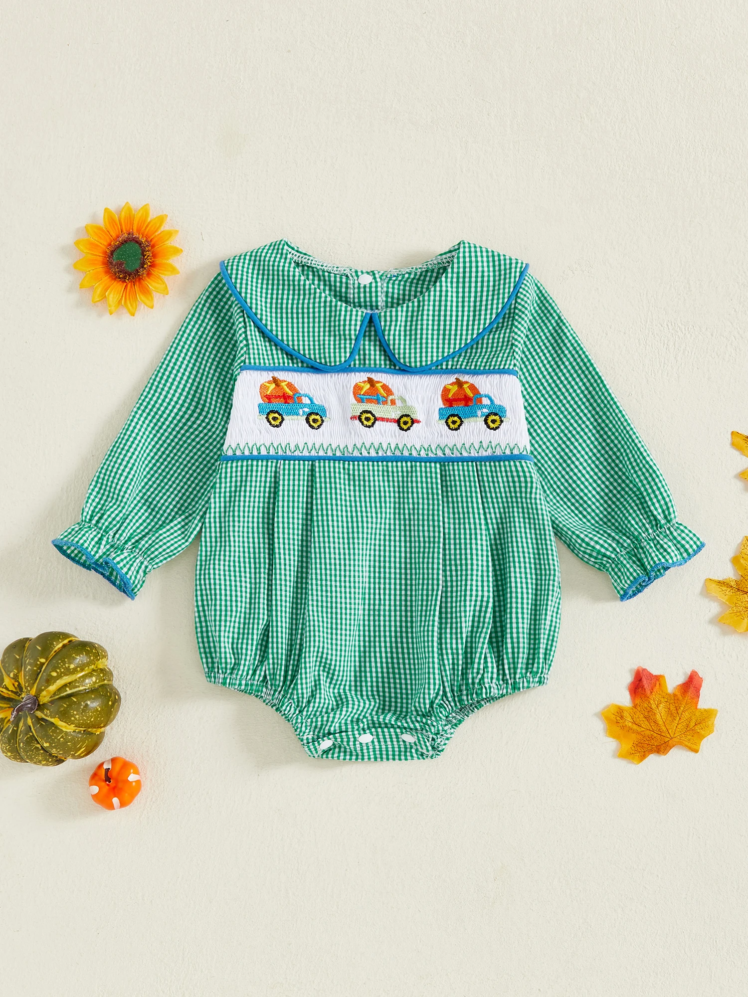 

Осенний клетчатый комбинезон для маленьких девочек, комбинезон с длинными рукавами и воротником «Питер Пэн», нашивка в виде тыквы, комбинезон с вышивкой, костюм на Хэллоуин