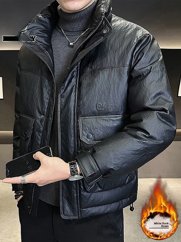 

PU Leather down Jaet Men's Winter New Sle Warm White Du down Quilted Coat Stand Collar Outerwear Casual Sle
