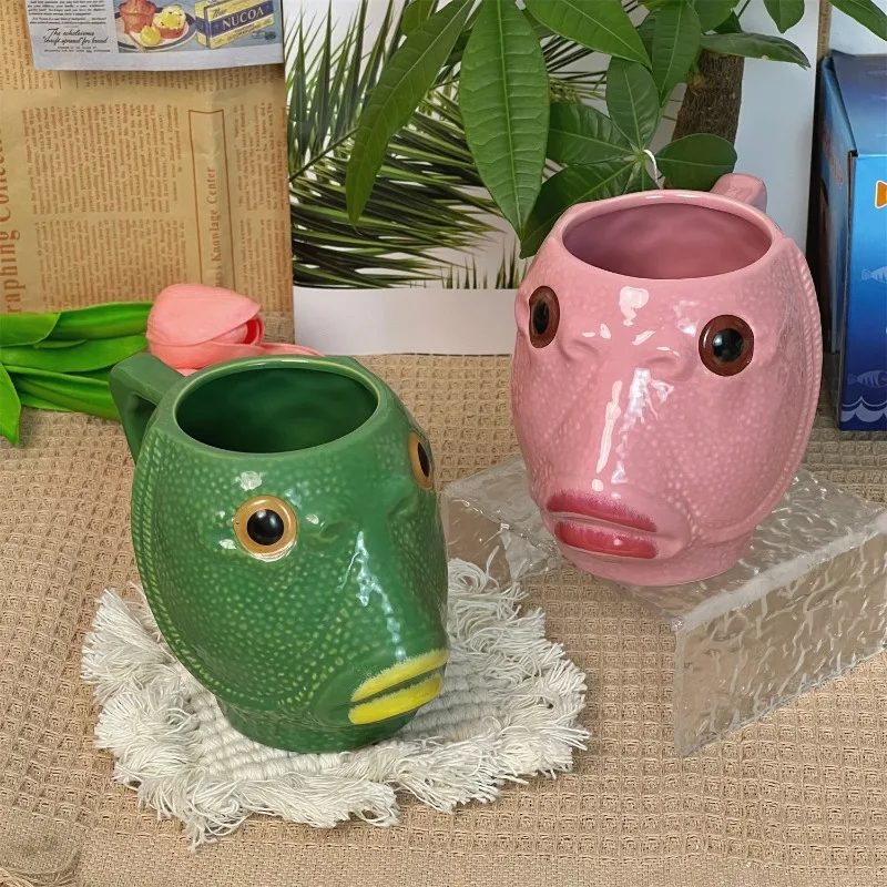 

Teasing and Funny Cup, Ugly Green Headed Fish Ceramic Coffee Cup, Large Capacity Creative Office Children's Water Cup Mugs