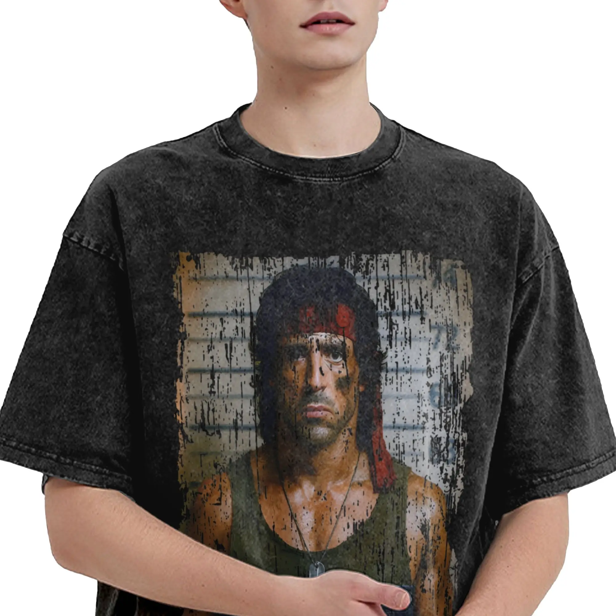 Harajuku Washed Shirts John Rambos Merch Retro T-Shirts Harajuku  Streetwear Short Sleeve Summer Tee Shirt