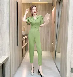 Women Jumpsuits Summer OL Solid High Waist Wide Leg Jumpsuits Women Fashion Buttons Short Sleeve Slim Fit Elegant Jumpsuits
