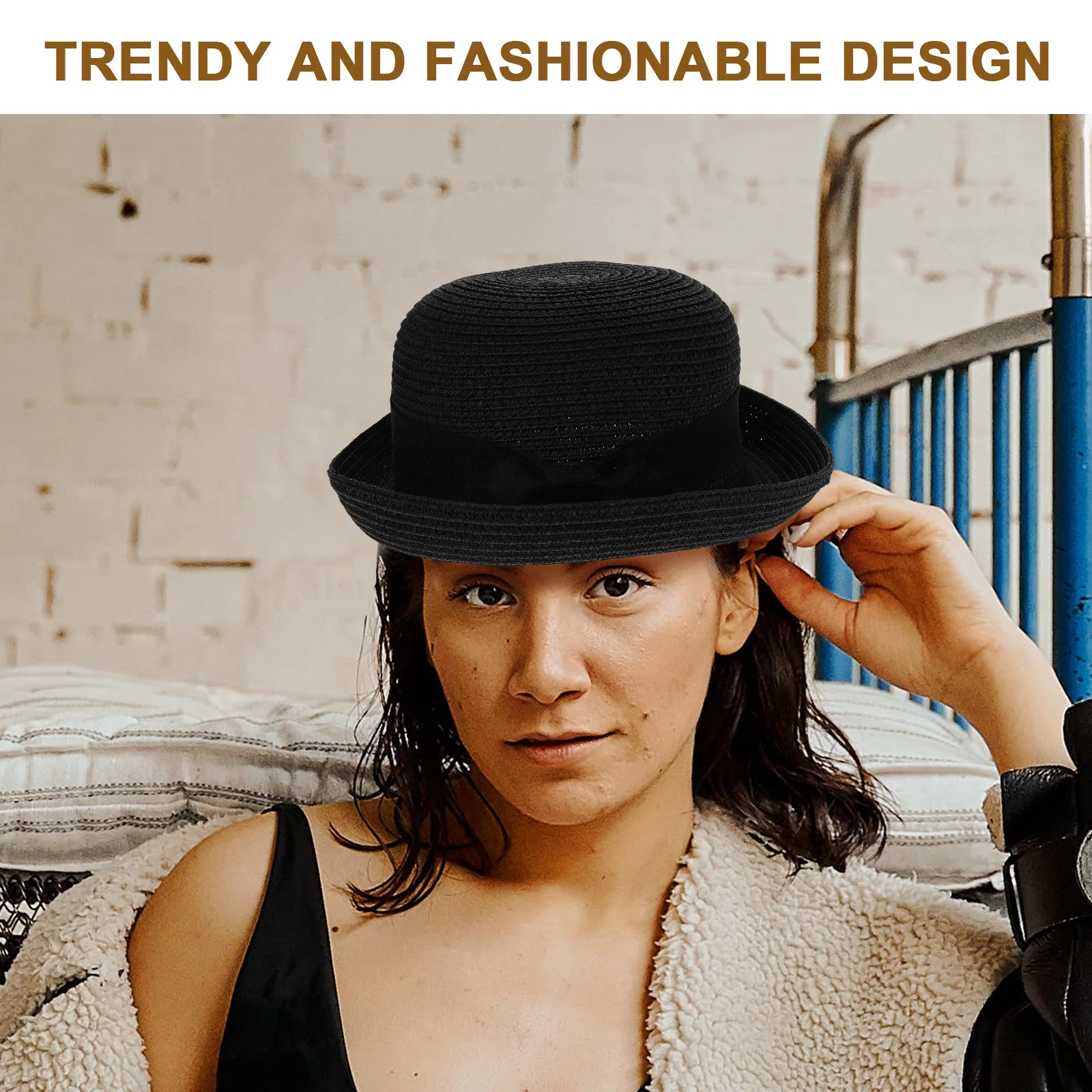 

'S Dome Straw Sun Hat Bowknot Wide Brim Roll-Up Beach Summer Bowler Foldable 56-58Cm Head Fashion Headwear