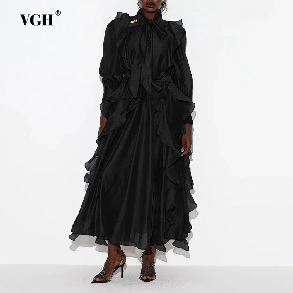 

VGH утягивающее однотонное темпераментное платье с рюшами для женщин, элегантное вечернее платье с круглым вырезом и длинными рукавами и высокой талией, женская мода