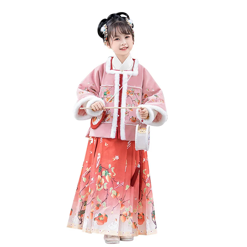 Retro Girls Hanfu Dress Winter New Plush Warm Tang Suit Children Thick Baby Kids Christmas Gift 2024 Chinese New Year Clothes