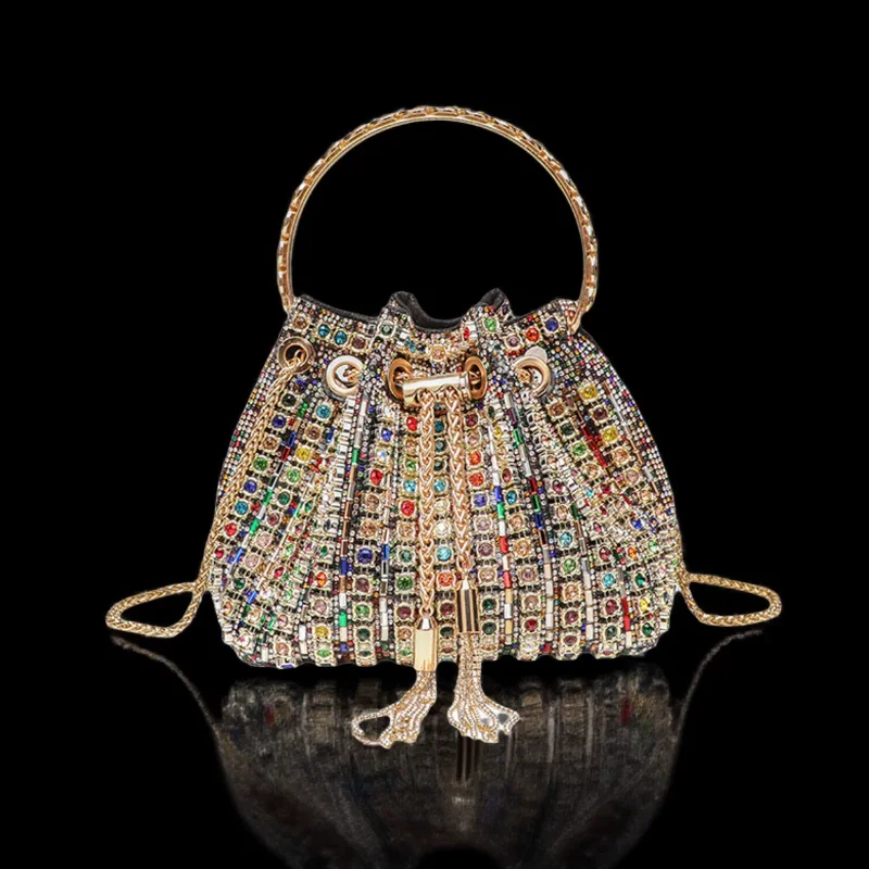 

Fashionable Evening Bag with Rhinestone Trim, Handbag, Single Shoulder or Crossbody Bucket Bag with Tassel