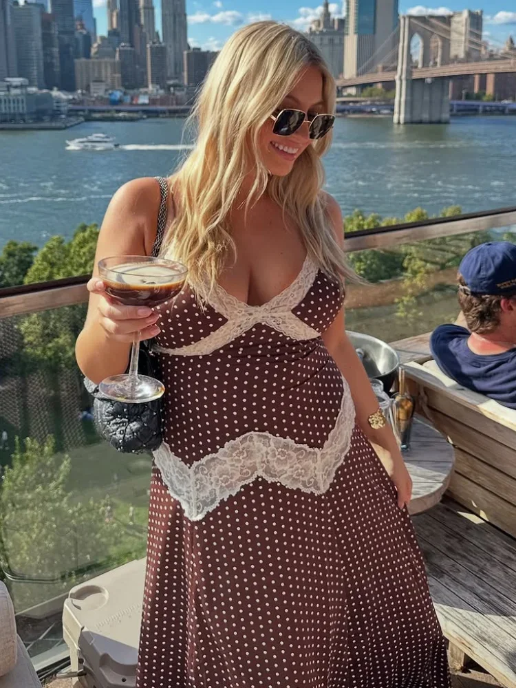 

Chic Polka Dot Lace Patchwork Long Skirt Set Women Sexy V-neck Sleeveless Sling Top Skirts Sets 2026 Lady Holiday Street Outfit