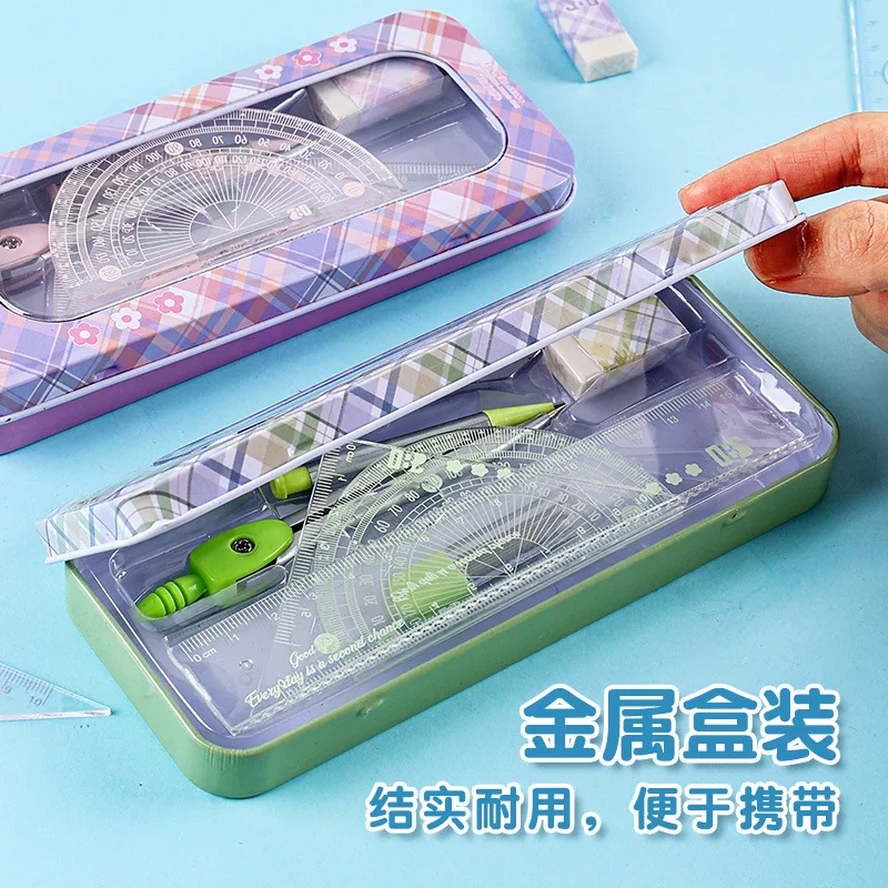 Conjunto de régua de bússola para estudantes, 8 peças, régua triangular, placa triangular, escola primária, conjunto de matemática