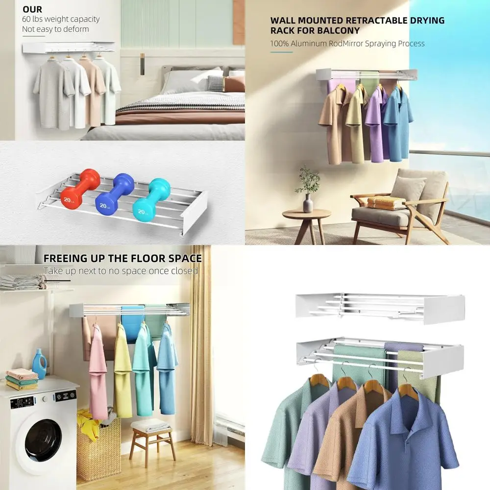 

Space-Saving Collapsible Wall-Mounted Clothes Drying Rack, 31.5 Wide, 13.2 Ft Capacity, 5 Rods, 60 lbs, White