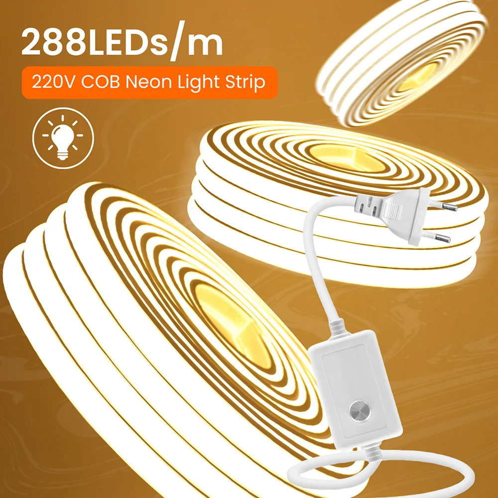

Неоновая светодиодная лента COB с регулируемой яркостью IP68, водонепроницаемая, 220 В, диммер, комплект питания, 10 м, 20 м, 50 м, 100 м, 288 светодиодов, гибкая лампа, теплый белый, 0,5 м