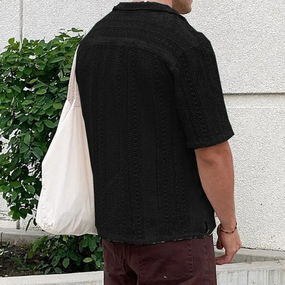 Men Knitted Cardigan Stylish Men's Knitted Hollow Out Cardigan with Turn-down Collar for Casual Daily Wear Solid for Summer