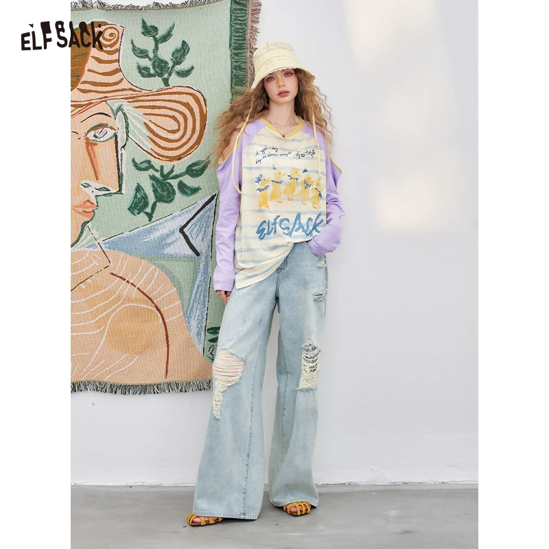 ELFSACK 2025 Summer New Arrival luźna koszulka bez ramiączek z długim rękawem w kontrastowym kolorze