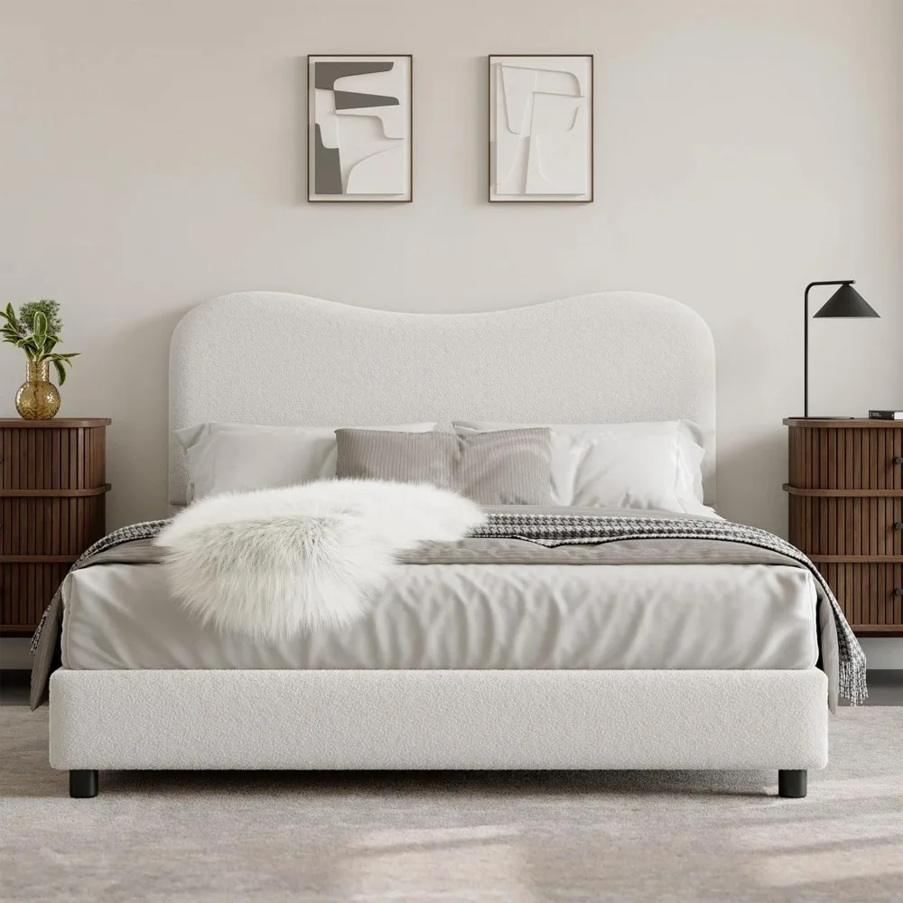 

senfot white boucle bed frame with upholstered headboard, soft low profile sturdy platform bed with rounded corners design