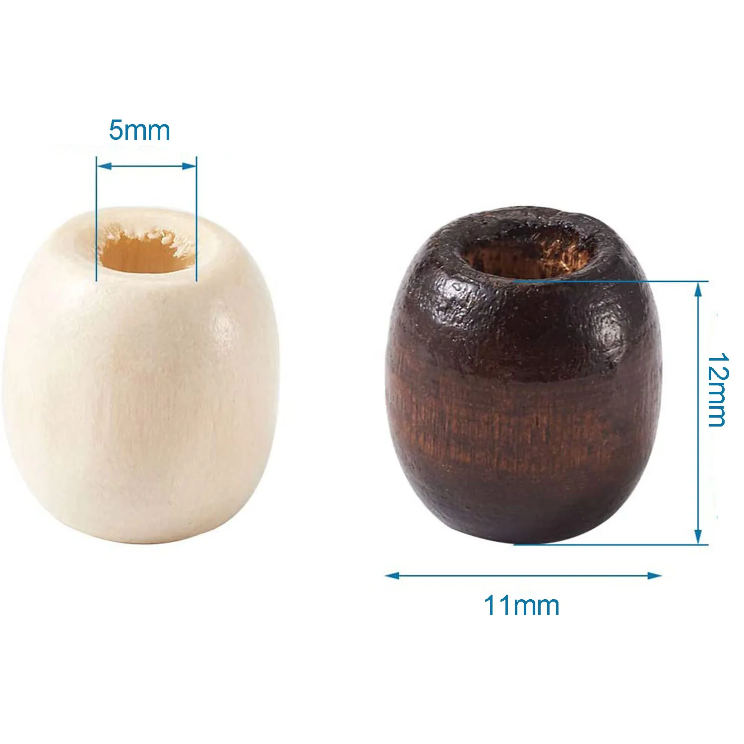 100 ชิ้น/ถุง 11*12 มม.ขนาดใหญ่ 5 มม.ไม้บาร์เรลยุโรปลูกปัดหลวมผสมสีไม้ธรรมชาติ Dreadlock ผม Braid ลูกปัด