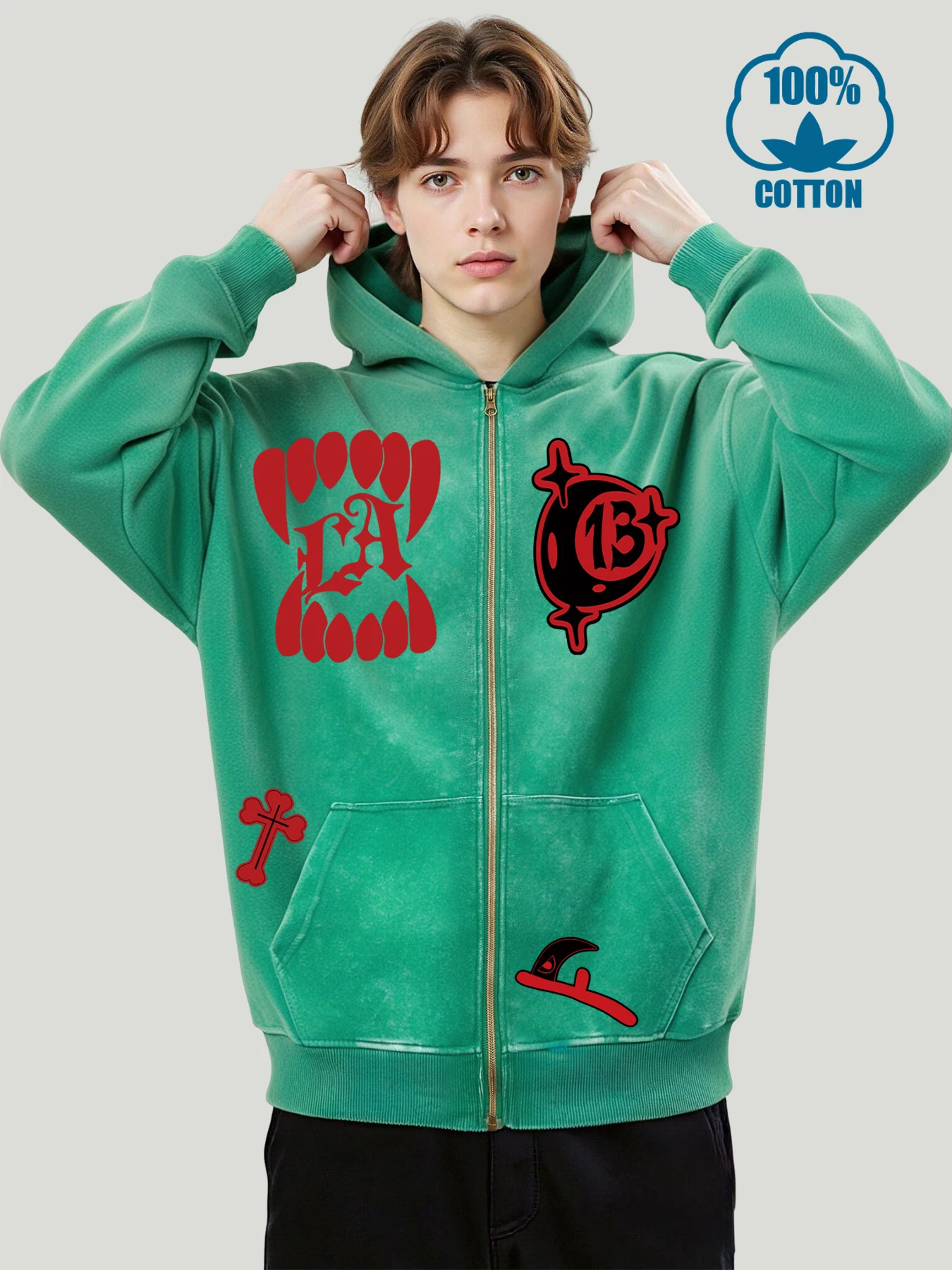 

США выращивание рта и 13-принты мужские потертые куртки на молнии повседневные удобные толстовки модная осенняя одежда мужской винтажный топ