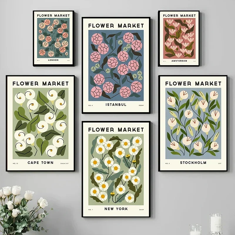 قماش اللوحة الشمال صورة زهرة السوق مدينة الملصقات يطبع مجردة النباتية جدار الفن الملونة لغرفة المعيشة ديكور