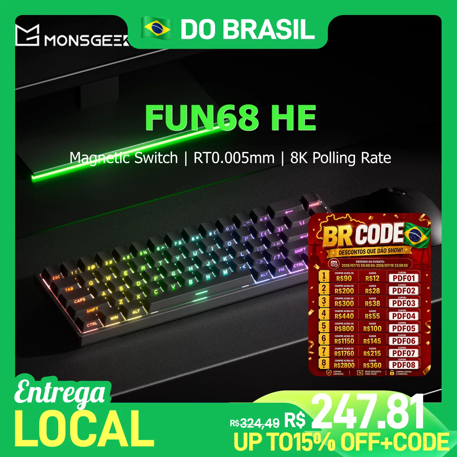 Akko MonsGeek FUN68 HE Teclado com interruptor magnético 65% gatilho rápido 0,005 mm 8K ARGB Teclado para jogos esportivos com fio para jogadores