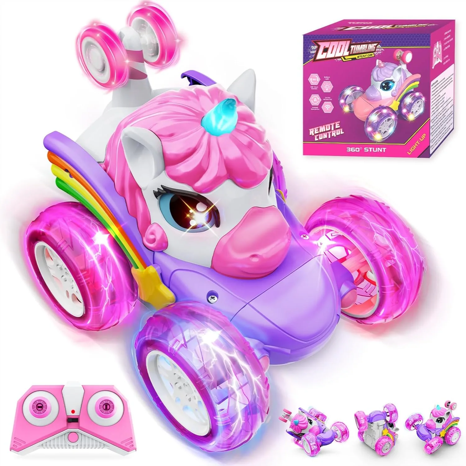 

Unicorn Remote Control Car for Girls, 360° Rotating 4WD Stunt RC Cars with LED Lights, Rechargeable Toy Birthday Gift Kids Age